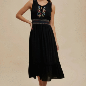 Embroidery Smocked Waist Midi Dress