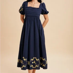 Embroidered Pleated Maxi Dress